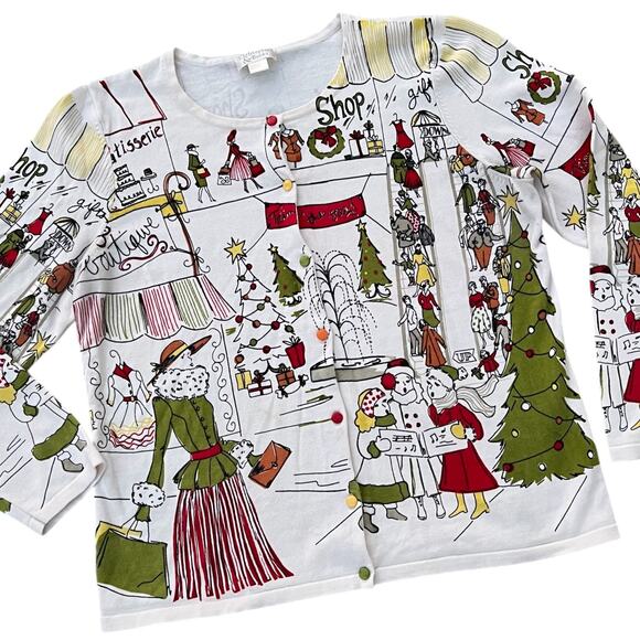Christopher & Banks Holiday Christmas Mall Scene Sweater Cardigan Sz L As-Is - Picture 3 of 7